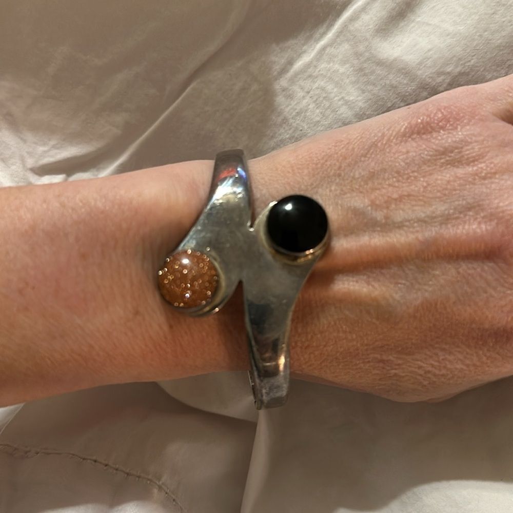 vintage Sterling Silver 950 Mexico Cuff Bracelet with onyx and Brown Stones